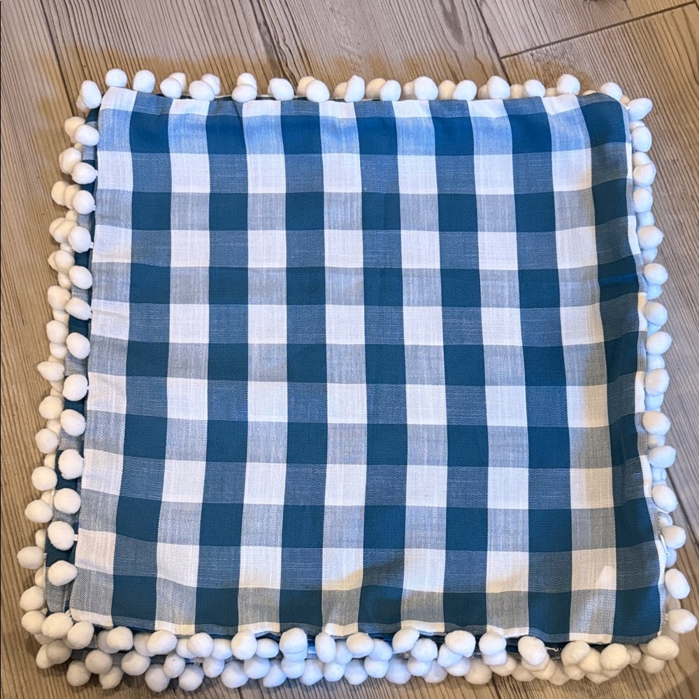 Blue and White Checkered Pillow Cover with Pom Poms